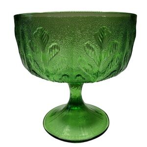 1978 FTD Vintage Green Leaf Art Glass Pedestal Candy Compote Dish Kitchen Home